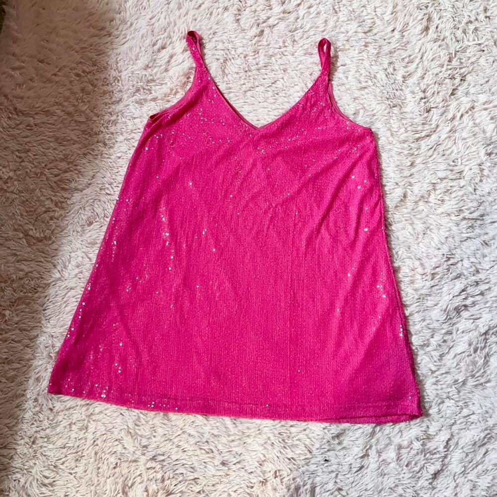 Bright Pink Sequin Mini Dress - Sleeveless V-Neck